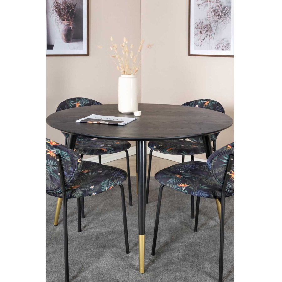 VENTURE DESIGN Dipp Esstisch-Set, mit 4 Stühlen – schwarzes Furnier/Messing, schwarzes Metall, mehrfarbiger Stoff/schwarzes Metall