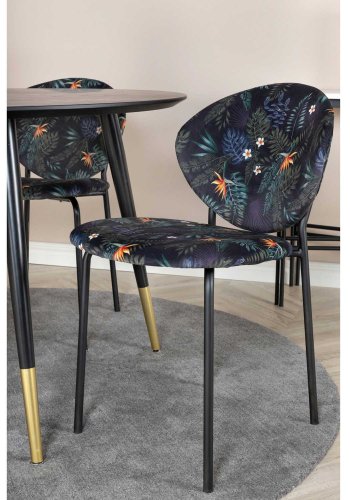 VENTURE DESIGN Dipp Esstisch-Set, mit 4 Stühlen – schwarzes Furnier/Messing, schwarzes Metall, mehrfarbiger Stoff/schwarzes Metall