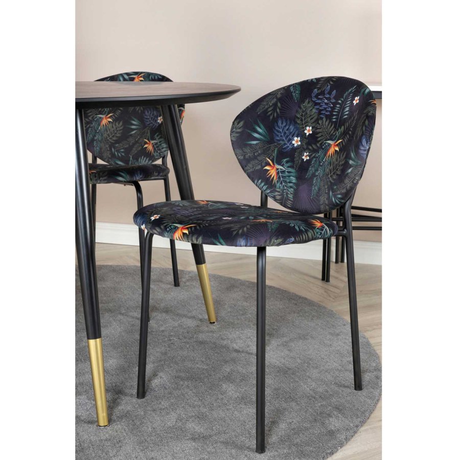 VENTURE DESIGN Dipp Esstisch-Set, mit 4 Stühlen – schwarzes Furnier/Messing, schwarzes Metall, mehrfarbiger Stoff/schwarzes Metall