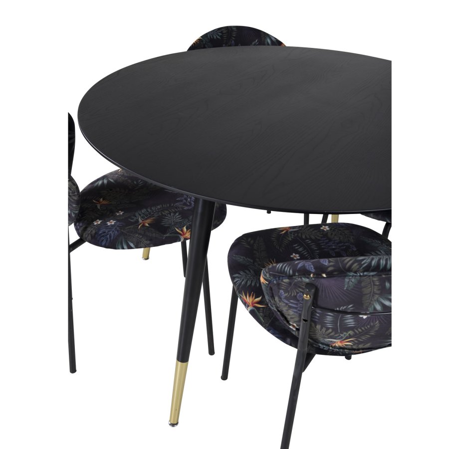 VENTURE DESIGN Dipp Esstisch-Set, mit 4 Stühlen – schwarzes Furnier/Messing, schwarzes Metall, mehrfarbiger Stoff/schwarzes Metall