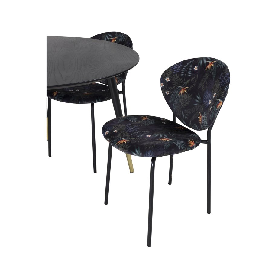 VENTURE DESIGN Dipp Esstisch-Set, mit 4 Stühlen – schwarzes Furnier/Messing, schwarzes Metall, mehrfarbiger Stoff/schwarzes Metall