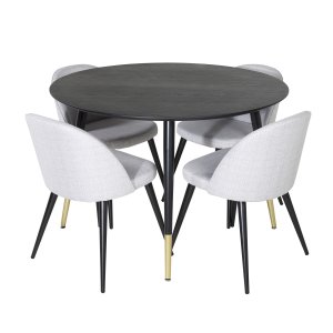 VENTURE DESIGN Dipp Matbordsset, med 4 Stolar - Svart Fanér / Mässing Svart Metall, Grtt Tyg / Svart Metall