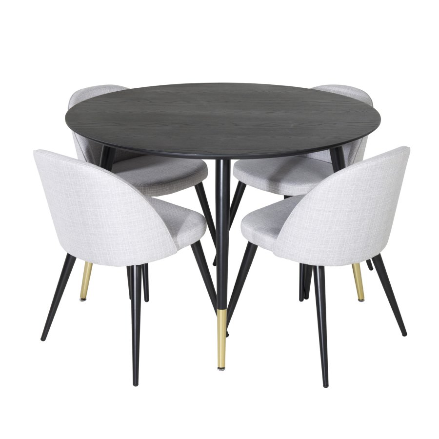 VENTURE DESIGN Dipp Esstisch-Set, mit 4 Stühlen – schwarzes Furnier/Messing, schwarzes Metall, grauer Stoff/schwarzes Metall
