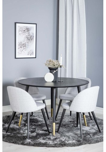 VENTURE DESIGN Dipp Esstisch-Set, mit 4 Stühlen – schwarzes Furnier/Messing, schwarzes Metall, grauer Stoff/schwarzes Metall