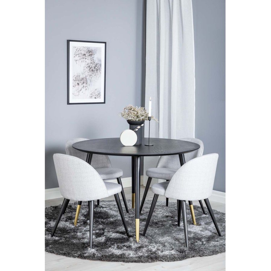 VENTURE DESIGN Dipp Esstisch-Set, mit 4 Stühlen – schwarzes Furnier/Messing, schwarzes Metall, grauer Stoff/schwarzes Metall