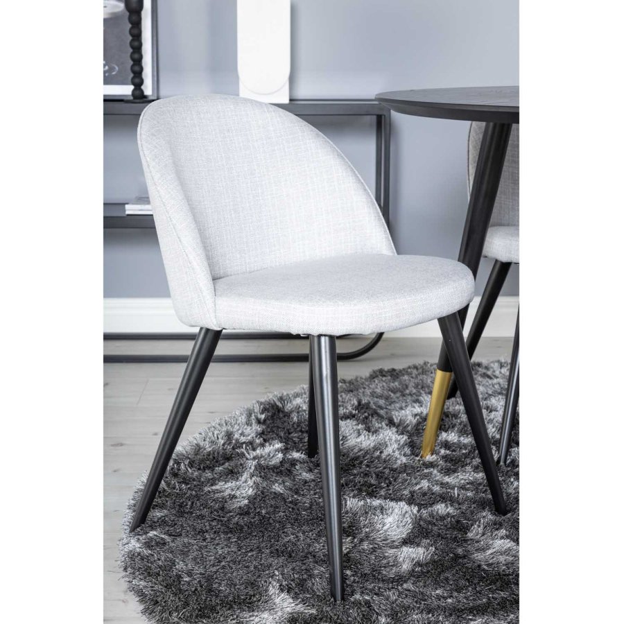 VENTURE DESIGN Dipp Esstisch-Set, mit 4 Stühlen – schwarzes Furnier/Messing, schwarzes Metall, grauer Stoff/schwarzes Metall