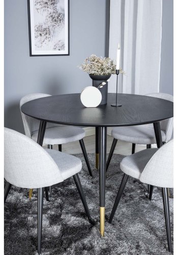 VENTURE DESIGN Dipp Esstisch-Set, mit 4 Stühlen – schwarzes Furnier/Messing, schwarzes Metall, grauer Stoff/schwarzes Metall