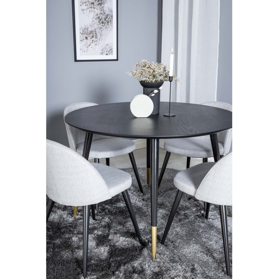 VENTURE DESIGN Dipp Esstisch-Set, mit 4 Stühlen – schwarzes Furnier/Messing, schwarzes Metall, grauer Stoff/schwarzes Metall