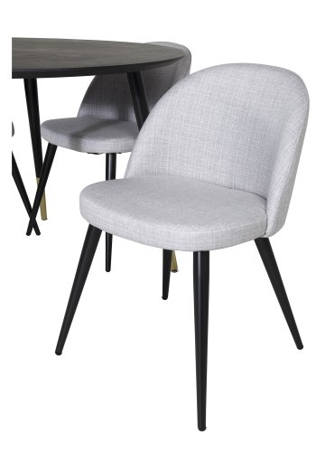 VENTURE DESIGN Dipp Esstisch-Set, mit 4 Stühlen – schwarzes Furnier/Messing, schwarzes Metall, grauer Stoff/schwarzes Metall