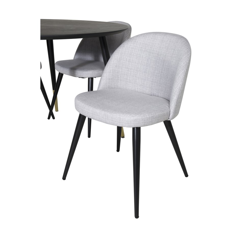 VENTURE DESIGN Dipp Esstisch-Set, mit 4 Stühlen – schwarzes Furnier/Messing, schwarzes Metall, grauer Stoff/schwarzes Metall