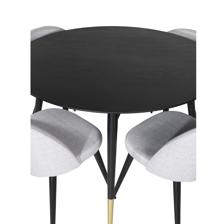 VENTURE DESIGN Dipp Esstisch-Set, mit 4 Stühlen – schwarzes Furnier/Messing, schwarzes Metall, grauer Stoff/schwarzes Metall