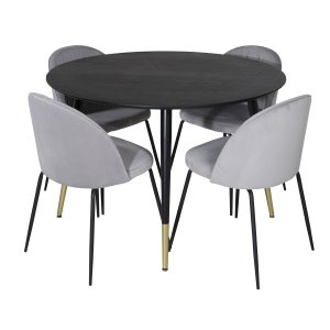 VENTURE DESIGN Dipp Matbordsset, med 4 Stolar - Svart Fanér / Mässing Svart Metall, Gr Sammet / Svart Metall