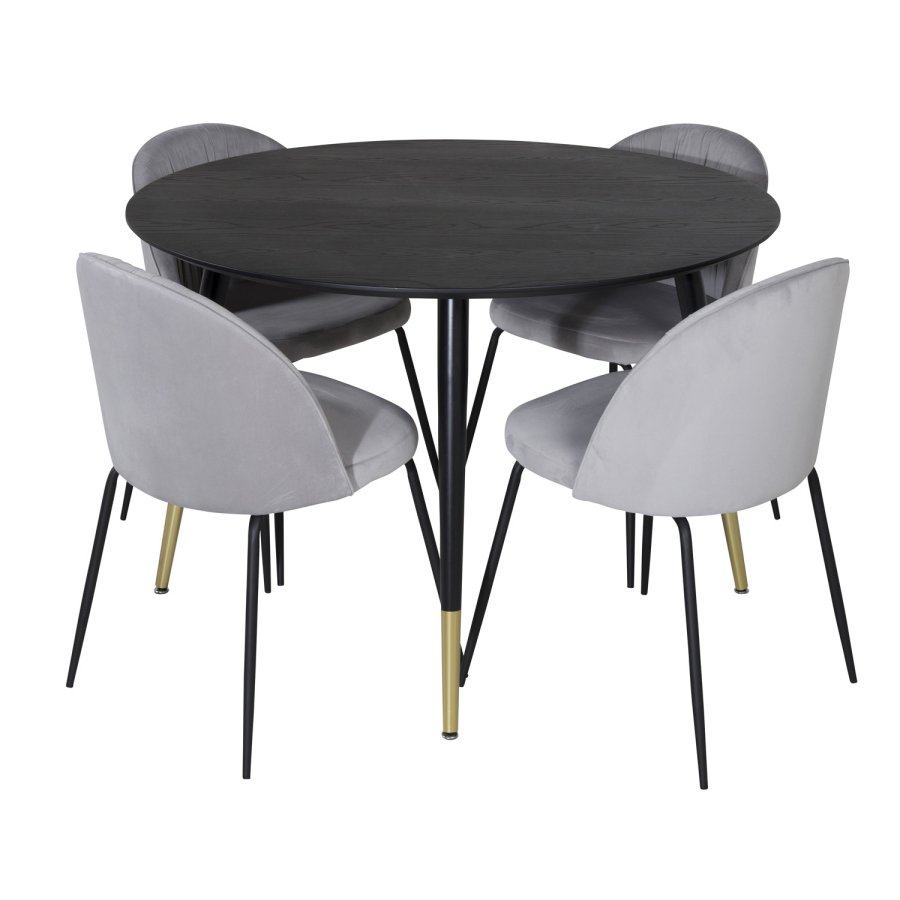 VENTURE DESIGN Dipp spisebordsett, m. 4 stoler - svart finér/messing sort metall, gr flyel/svart metall