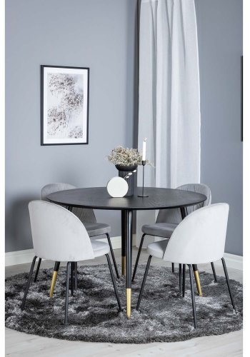 VENTURE DESIGN Dipp spisebordsett, m. 4 stoler - svart finér/messing sort metall, gr flyel/svart metall