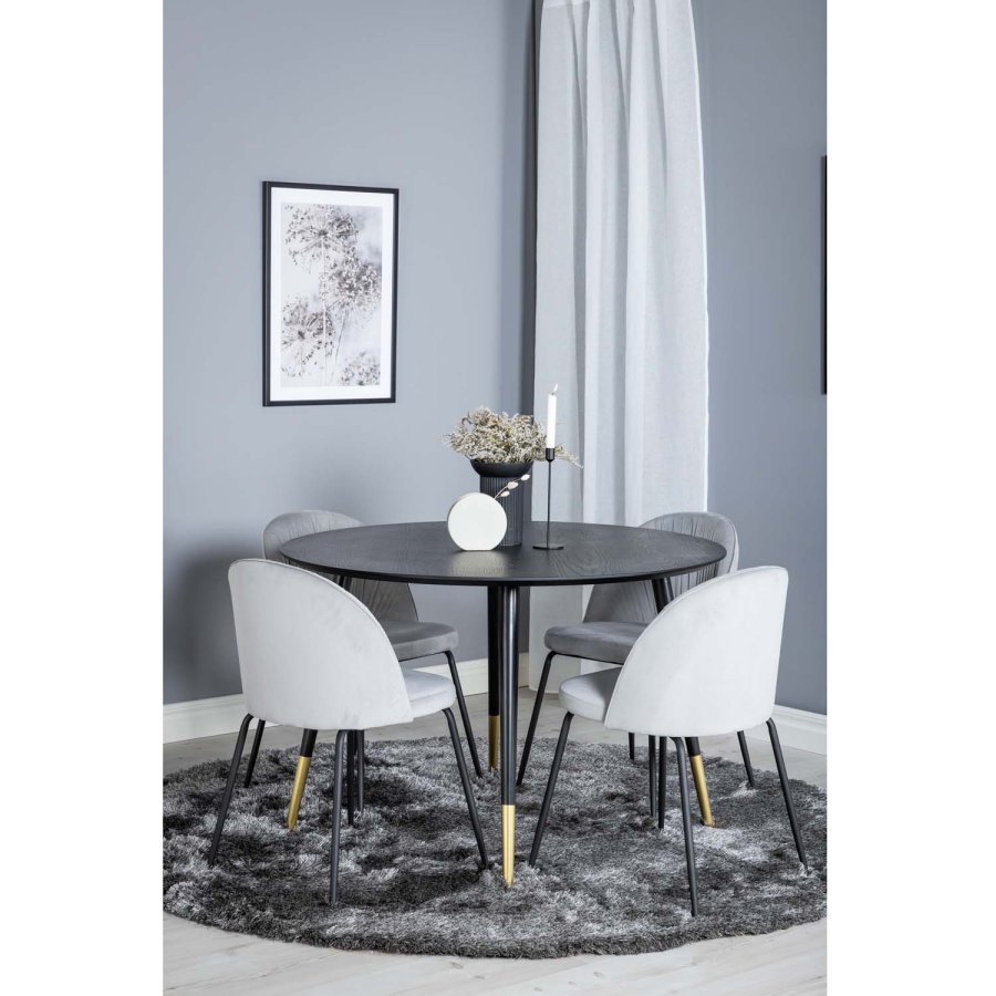 VENTURE DESIGN Dipp spisebordsett, m. 4 stoler - svart finér/messing sort metall, gr flyel/svart metall