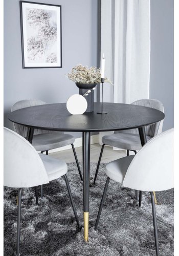 VENTURE DESIGN Dipp spisebordsett, m. 4 stoler - svart finér/messing sort metall, gr flyel/svart metall