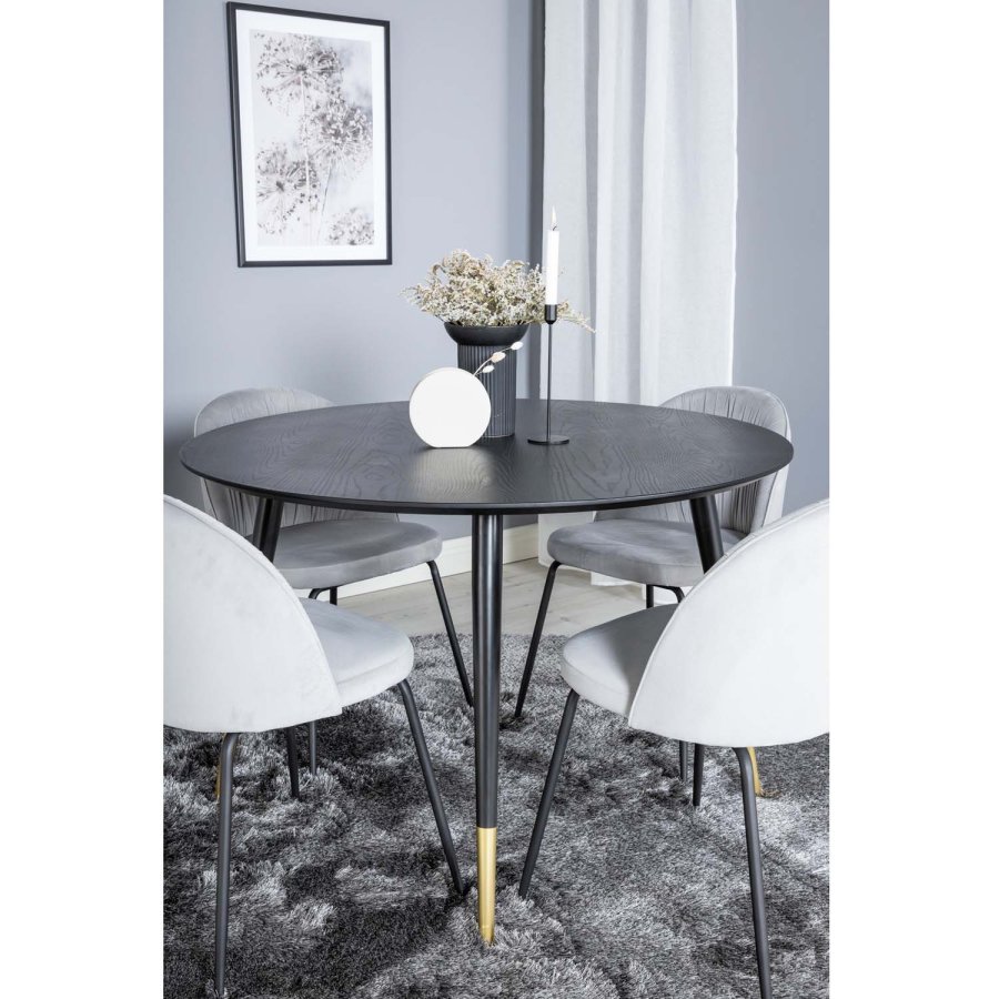 VENTURE DESIGN Dipp spisebordsett, m. 4 stoler - svart finér/messing sort metall, gr flyel/svart metall