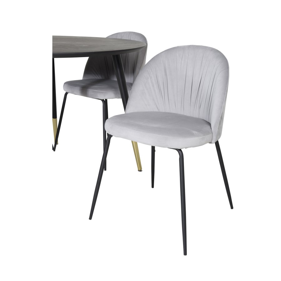 VENTURE DESIGN Dipp spisebordsett, m. 4 stoler - svart finér/messing sort metall, gr flyel/svart metall