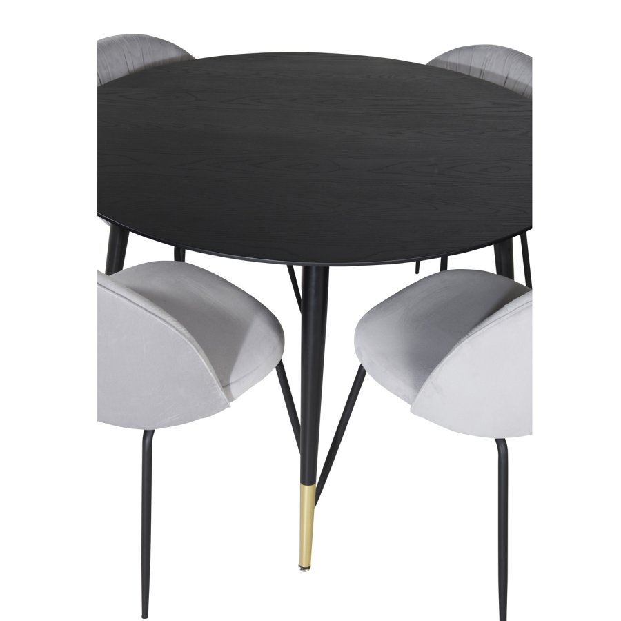 VENTURE DESIGN Dipp spisebordsett, m. 4 stoler - svart finér/messing sort metall, gr flyel/svart metall