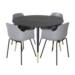 VENTURE DESIGN Dipp Matbordsset, med 4 Stolar - Svart Fanér / Mässing Svart Metall, Gr Plast / Svart Metall