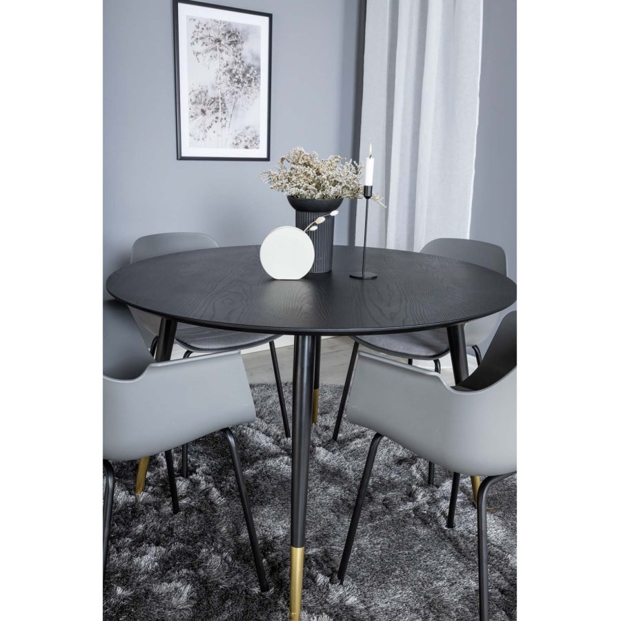 VENTURE DESIGN Dipp spisebordsett, m. 4 stoler - sort finer/messing sort metall, gr plast/svart metall