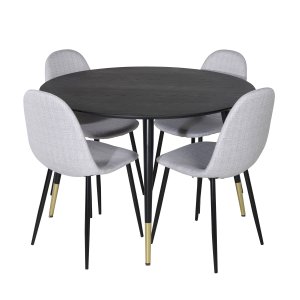 VENTURE DESIGN Dipp Matbordsset, med 4 Stolar - Svart Fanér / Mässing Svart Metall, Grtt Tyg / Svart Metall