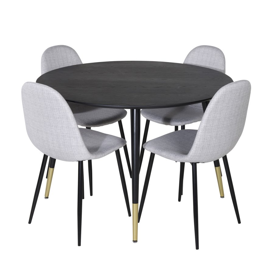 VENTURE DESIGN Dipp spisebordsett, m. 4 stoler - sort finér/messing sort metall, grtt stoff/svart metall