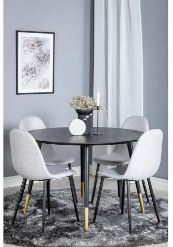 VENTURE DESIGN Dipp spisebordsett, m. 4 stoler - sort finér/messing sort metall, grtt stoff/svart metall