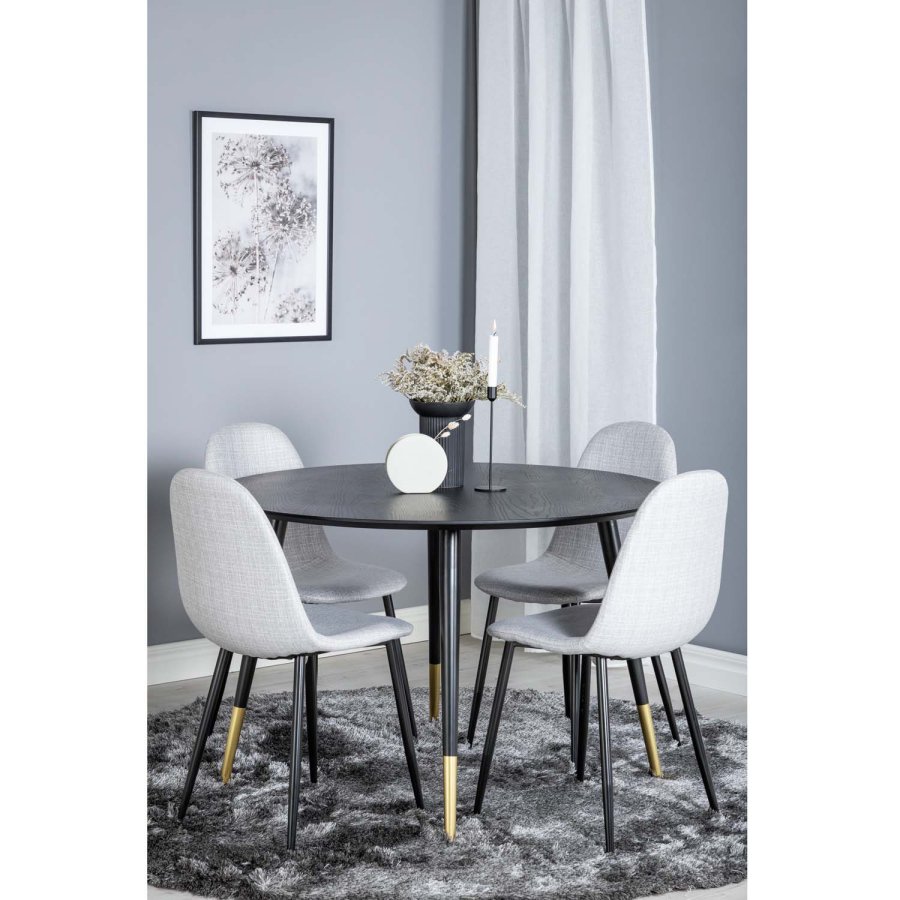 VENTURE DESIGN Dipp spisebordsett, m. 4 stoler - sort finér/messing sort metall, grtt stoff/svart metall