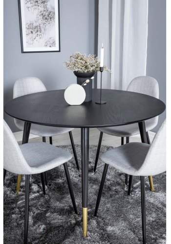 VENTURE DESIGN Dipp spisebordsett, m. 4 stoler - sort finér/messing sort metall, grtt stoff/svart metall