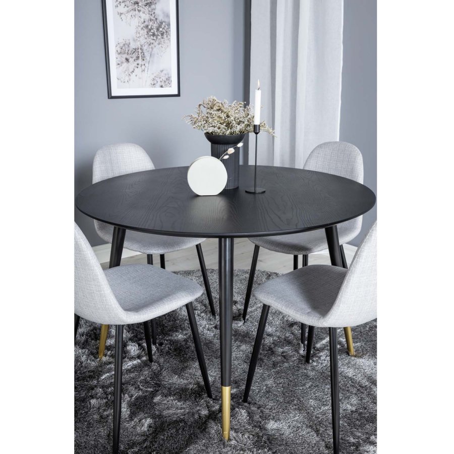 VENTURE DESIGN Dipp spisebordsett, m. 4 stoler - sort finér/messing sort metall, grtt stoff/svart metall