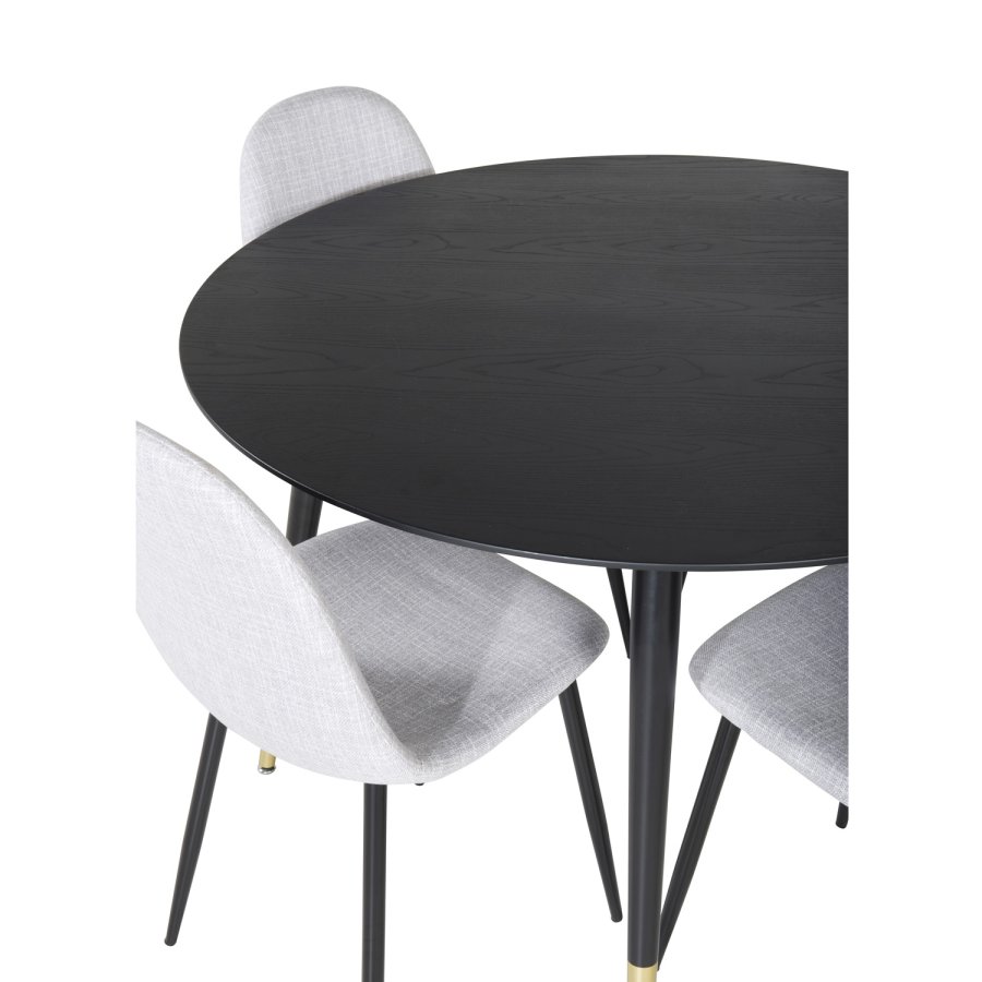 VENTURE DESIGN Dipp spisebordsett, m. 4 stoler - sort finér/messing sort metall, grtt stoff/svart metall