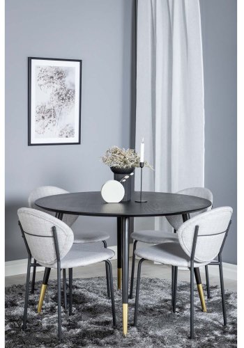 VENTURE DESIGN Dipp spisebordsett, m. 4 stoler - sort finér/messing sort metall, grtt stoff/svart metall
