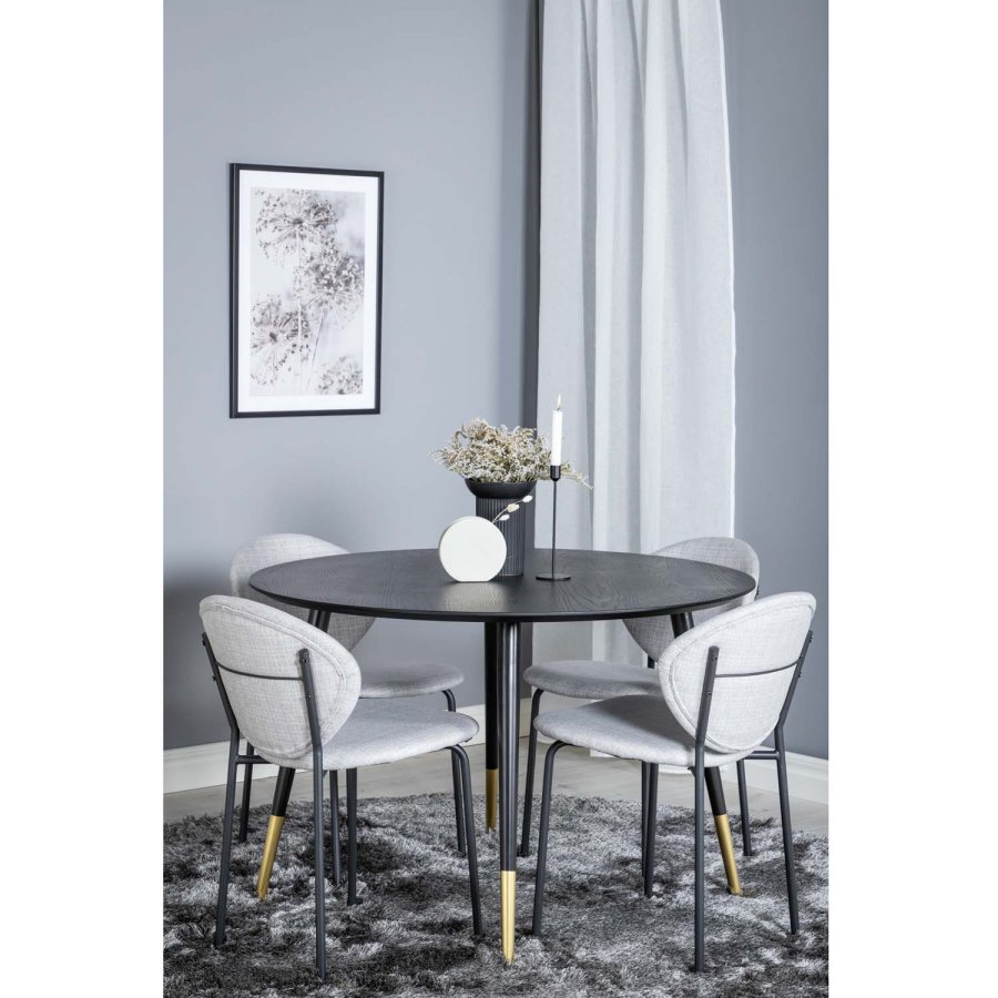 VENTURE DESIGN Dipp spisebordsett, m. 4 stoler - sort finér/messing sort metall, grtt stoff/svart metall