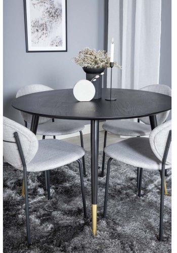VENTURE DESIGN Dipp spisebordsett, m. 4 stoler - sort finér/messing sort metall, grtt stoff/svart metall