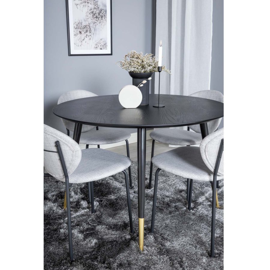 VENTURE DESIGN Dipp spisebordsett, m. 4 stoler - sort finér/messing sort metall, grtt stoff/svart metall