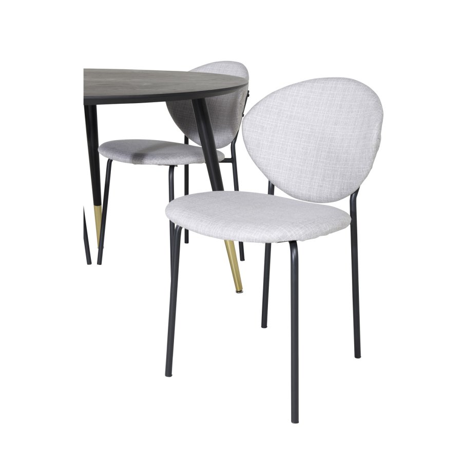 VENTURE DESIGN Dipp spisebordsett, m. 4 stoler - sort finér/messing sort metall, grtt stoff/svart metall