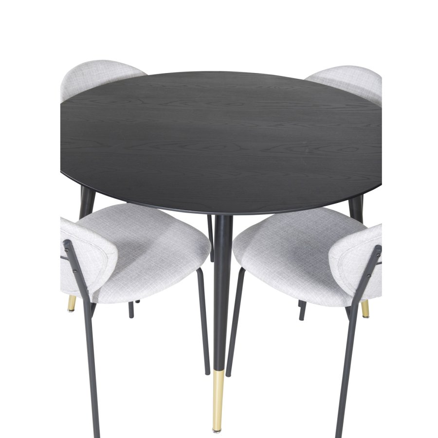 VENTURE DESIGN Dipp spisebordsett, m. 4 stoler - sort finér/messing sort metall, grtt stoff/svart metall