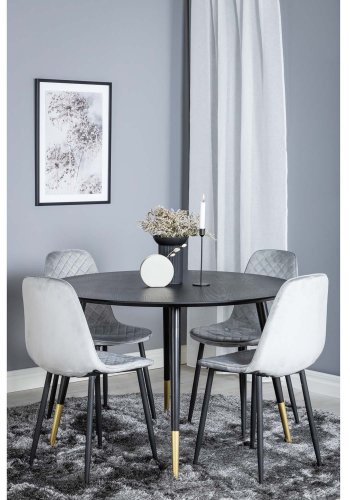 VENTURE DESIGN Dipp spisebordsett, m. 4 stoler - svart finér/messing sort metall, gr flyel/svart metall