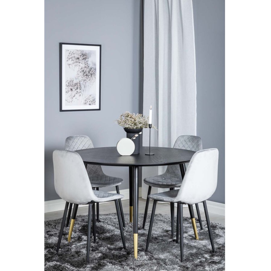 VENTURE DESIGN Dipp spisebordsett, m. 4 stoler - svart finér/messing sort metall, gr flyel/svart metall