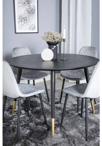 VENTURE DESIGN Dipp spisebordsett, m. 4 stoler - svart finér/messing sort metall, gr flyel/svart metall