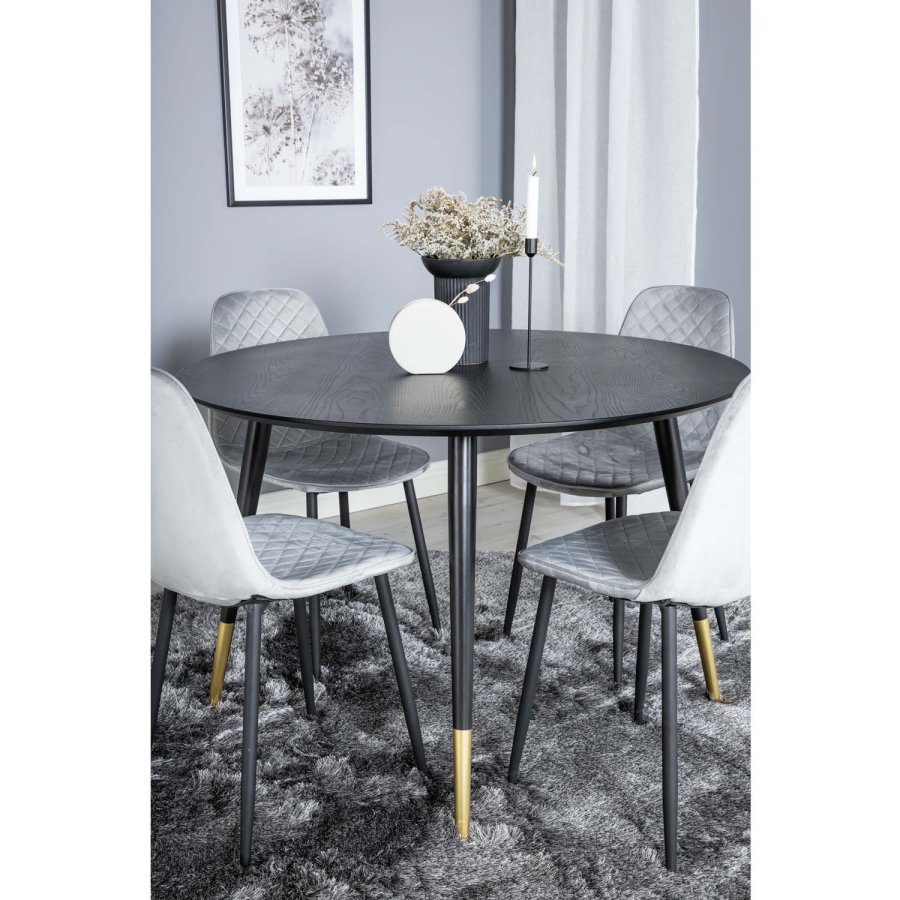 VENTURE DESIGN Dipp spisebordsett, m. 4 stoler - svart finér/messing sort metall, gr flyel/svart metall
