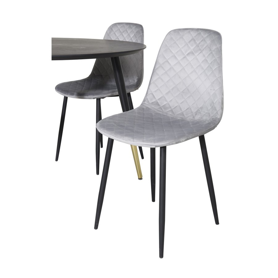 VENTURE DESIGN Dipp spisebordsett, m. 4 stoler - svart finér/messing sort metall, gr flyel/svart metall