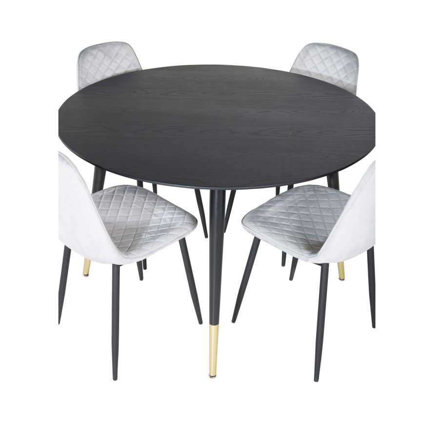 VENTURE DESIGN Dipp spisebordsett, m. 4 stoler - svart finér/messing sort metall, gr flyel/svart metall