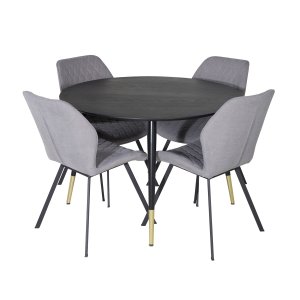 VENTURE DESIGN Dipp Matbordsset, med 4 Stolar - Svart Fanér / Mässing Svart Metall, Grtt Tyg/ Svart Metall