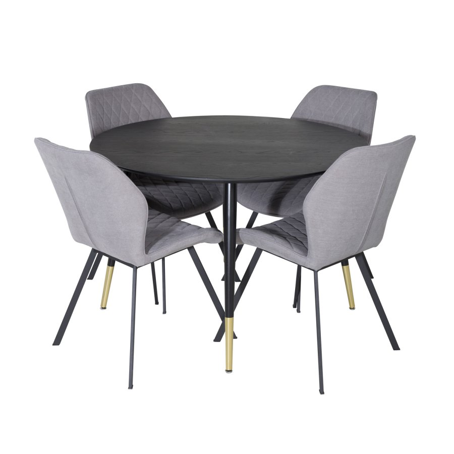 VENTURE DESIGN Dipp spisebordsett, m. 4 stoler - sort finér/messing sort metall, grtt stoff/svart metall