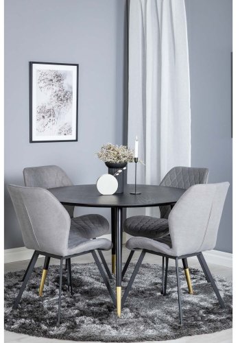 VENTURE DESIGN Dipp spisebordsett, m. 4 stoler - sort finér/messing sort metall, grtt stoff/svart metall