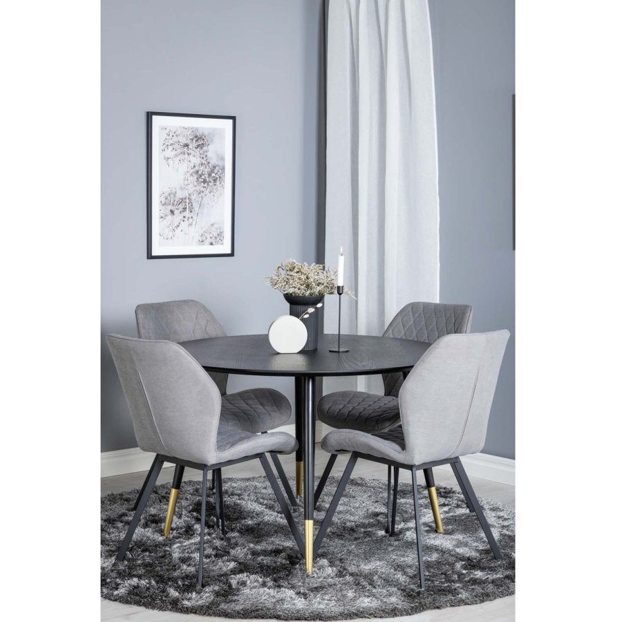 VENTURE DESIGN Dipp spisebordsett, m. 4 stoler - sort finér/messing sort metall, grtt stoff/svart metall