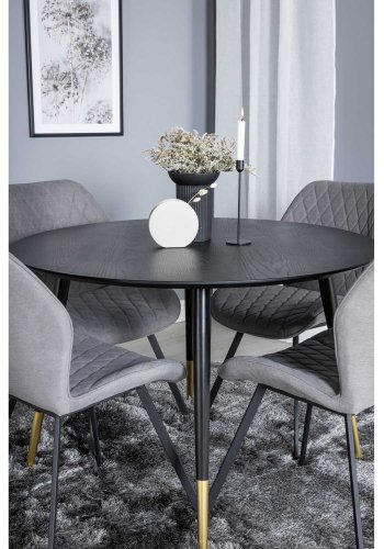 VENTURE DESIGN Dipp spisebordsett, m. 4 stoler - sort finér/messing sort metall, grtt stoff/svart metall