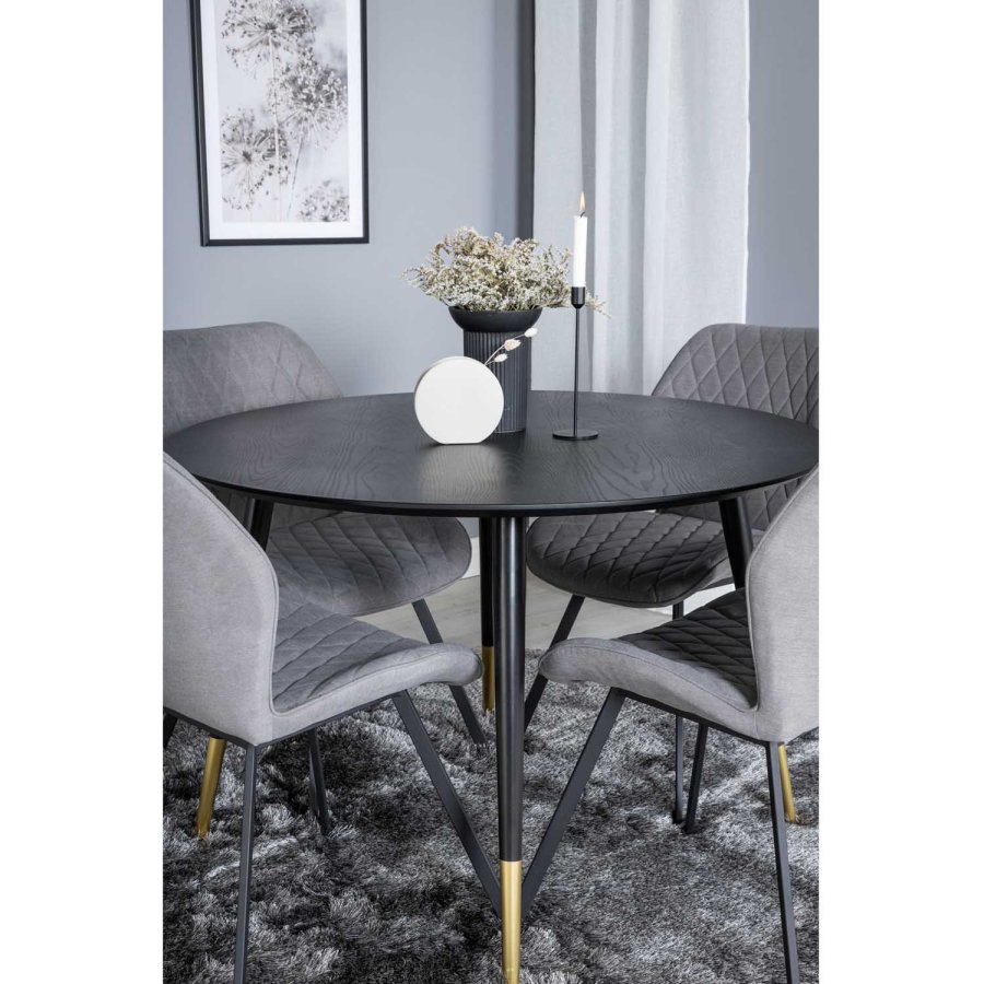 VENTURE DESIGN Dipp spisebordsett, m. 4 stoler - sort finér/messing sort metall, grtt stoff/svart metall